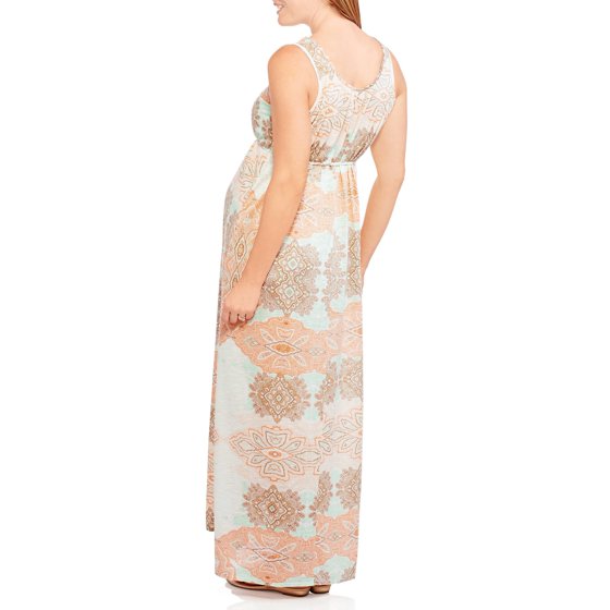 Maternity Sleeveless Embroidered Tie Waist Maxi Dress