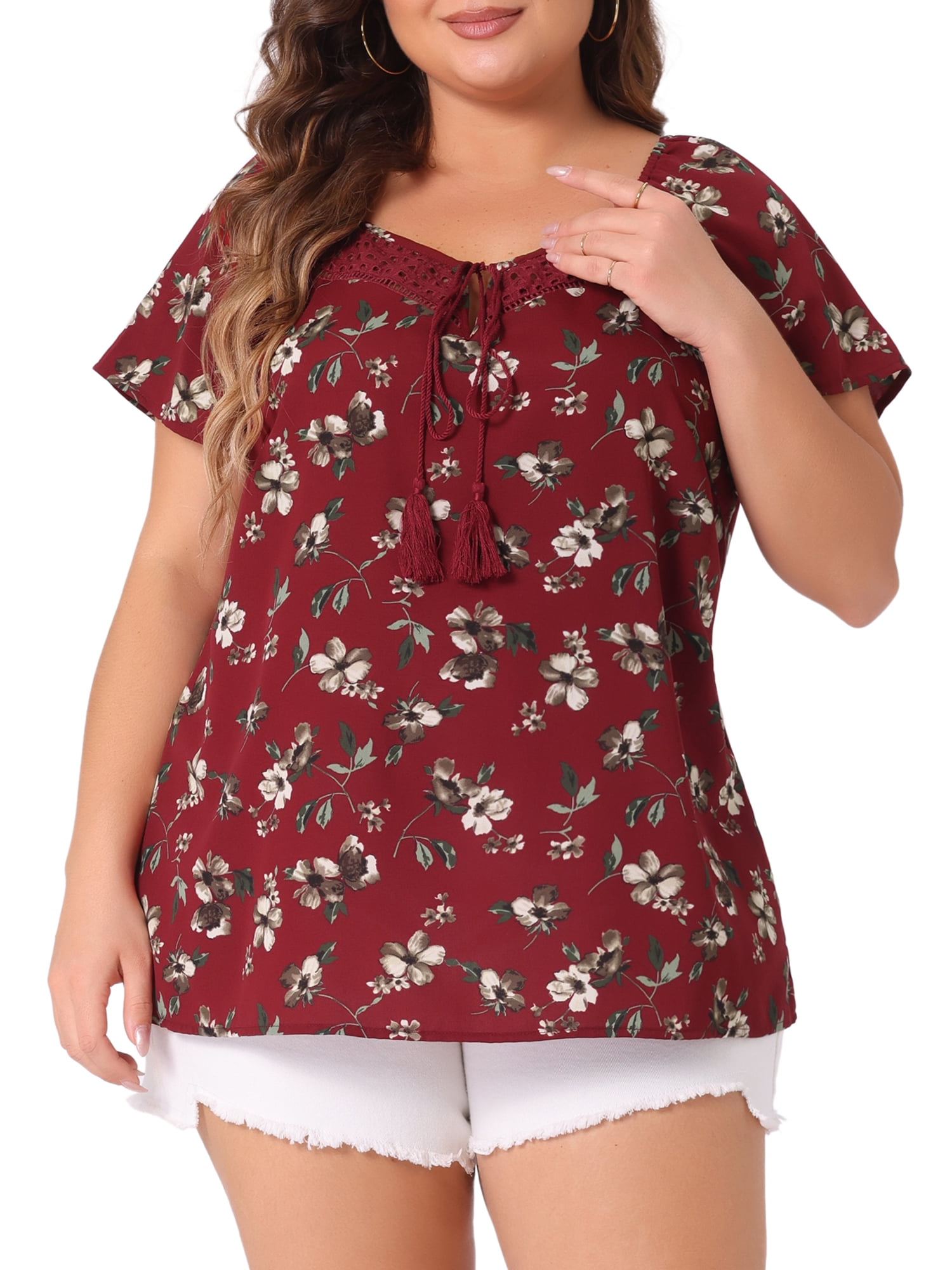 DARING DIVA Women's Plus Short Sleeve Tie Neck Floral Casual Blouse 3X Burgundy
