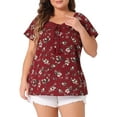 thumbnail image 2 of DARING DIVA Women's Plus Short Sleeve Tie Neck Floral Casual Blouse 3X Burgundy, 2 of 6