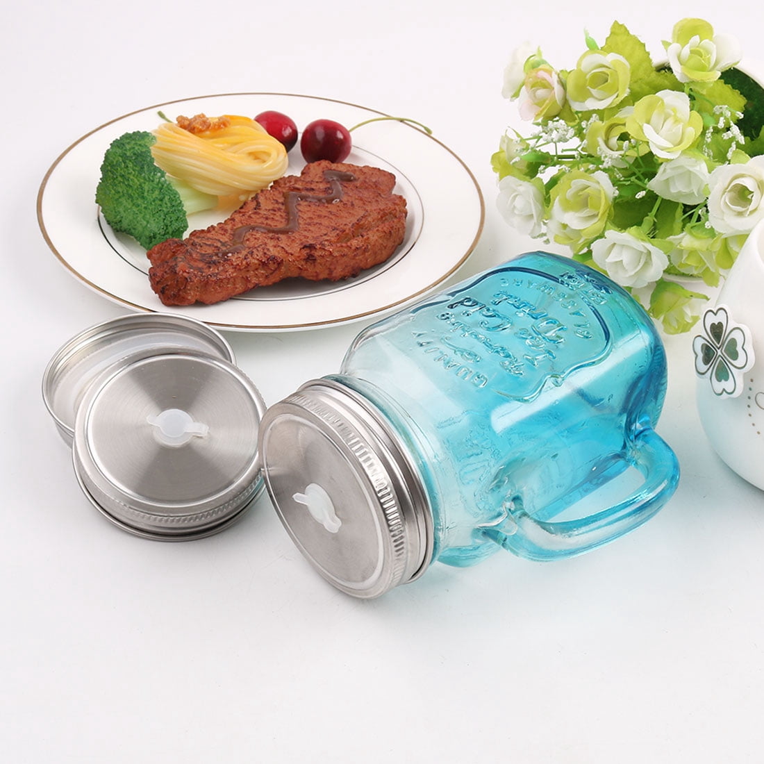 Unique Bargains 2 Pcs Stainless Steel Mason Jar Lids with Straw Hole for Drinking