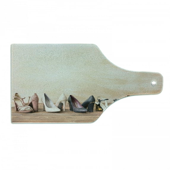 High Heels Cutting Board, Classy Sleek Different Woman Shoe Pairs on Wooden Floor and Grungy Wall Photo, Decorative Tempered Glass Cutting and Serving Board, in 3 Sizes, by Ambesonne