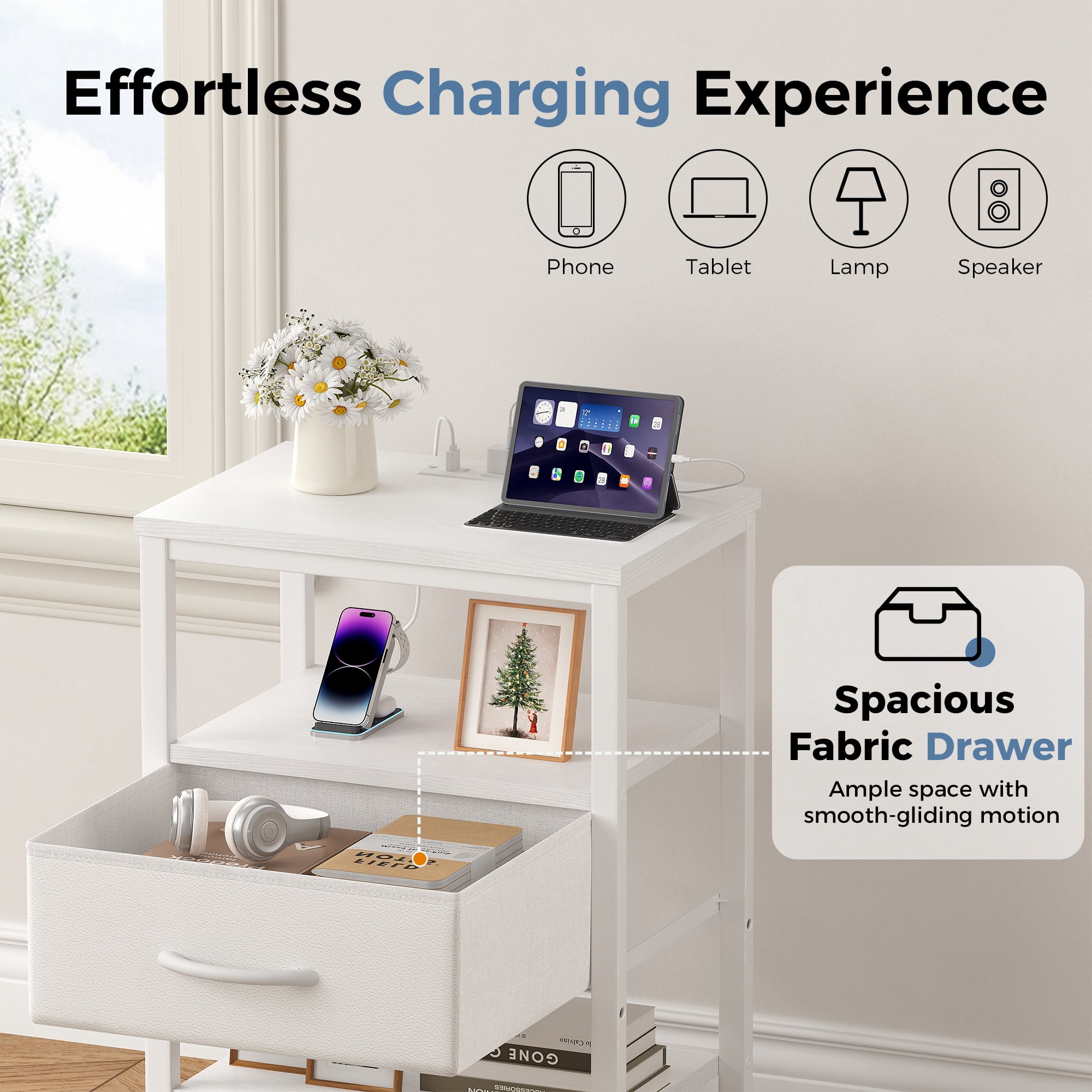CONCETTA Set of 2 Small Night Stand with Charging Station, 1 Fabric Drawer, USB Ports and Outlets, Open Storage Shelf Bedside End Table for Bedroom, White