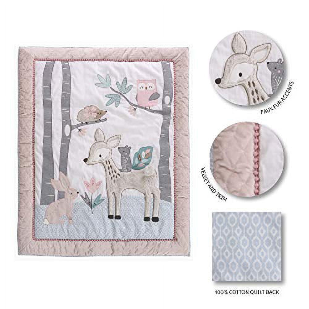 Levtex Baby - Everly Crib Bed Set - Baby Nursery Set - Aqua Blush Grey Teal - Woodland Deer and Friends - 5 Piece Set Includes Quilt, Fitted Sheet, Diaper Stacker, Wall Decal & Bed Skirt/Dust Ruffle