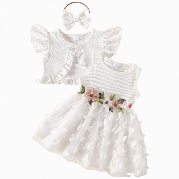 Quealent Baby Girl Flower Dress Toddler Boho Tutu Tulle Dress Princess Wedding Birthday Dresses for Girls 3M-3T (White, 6-9 Months)