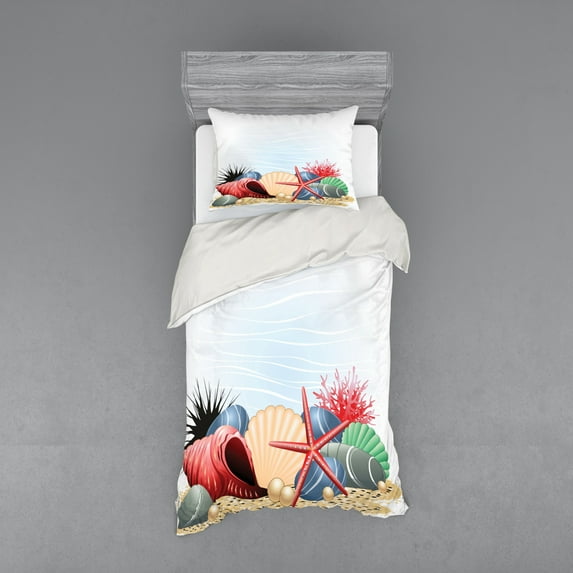 Ambesonne Ocean Bedding Set 3 Pcs, Summertime Seaside Pearl, Twin XL, Red Beige Grey