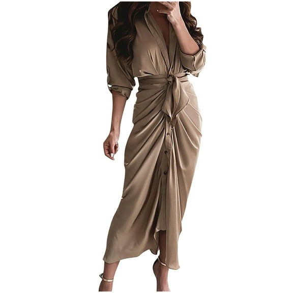 Fjofpr Fall Dresses for Women Sexy Casual Long Sleeve Printed Button Fork Opening Dress