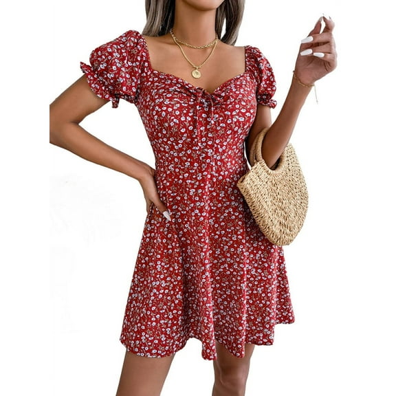 Women'S Summer Drawstring Sweetheart Neck Puff Sleeve A Line Short Dress Red S