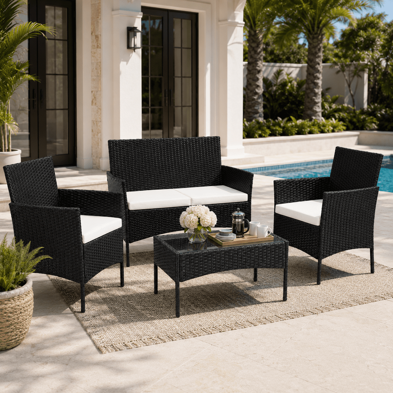 Segmart Patio Furniture Set, Rattan Wicker Chairs Set w/Table for 4, All-weather Conversation Set with Bold Steel Frame Black, Outdoor Furniture for Garden Lawn Backyard