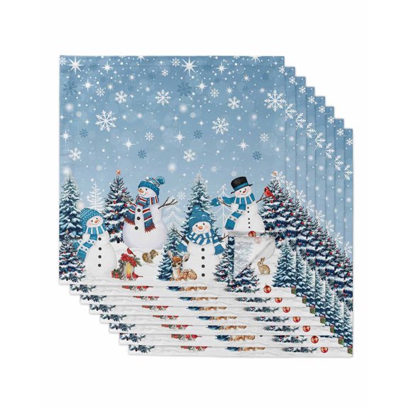 Blue Grey Christmas Cloth Napkins Set of 8 Reusable Dinner Napkins, Snowman Xmas Tree Snowflake Winter Cocktail Napkin Washable Table Napkins for Wedding/Holiday Party/Baby Shower 20"x20"