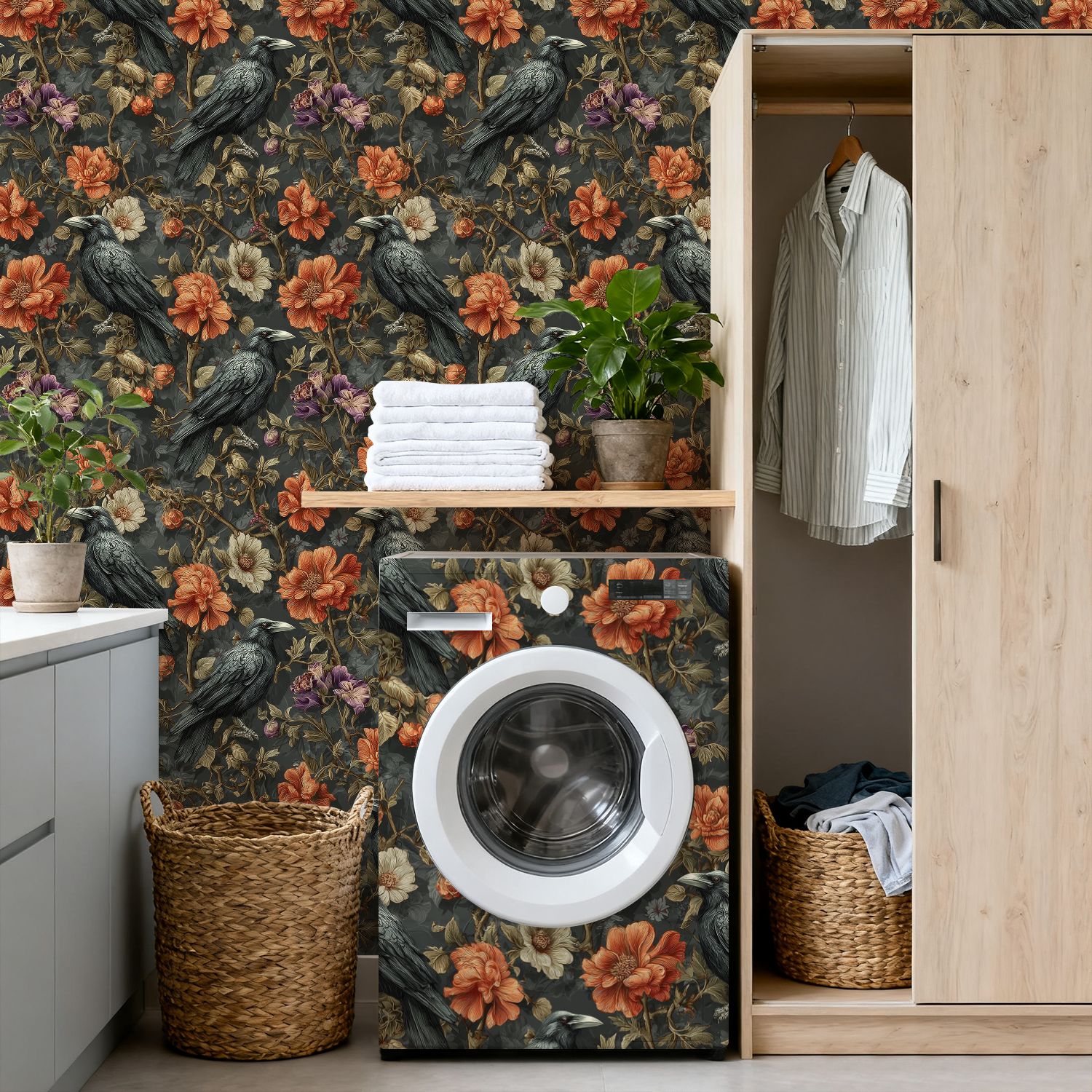 Peel and Stick Wallpaper Raven Birds Among Floral Blossom Vintage Botanical Style Wall Mural 17.7in x 9.8ft Self Adhesive Removable Wall Paper Renter Friendly Wallpaper for Nursery Bedroom Cabinets