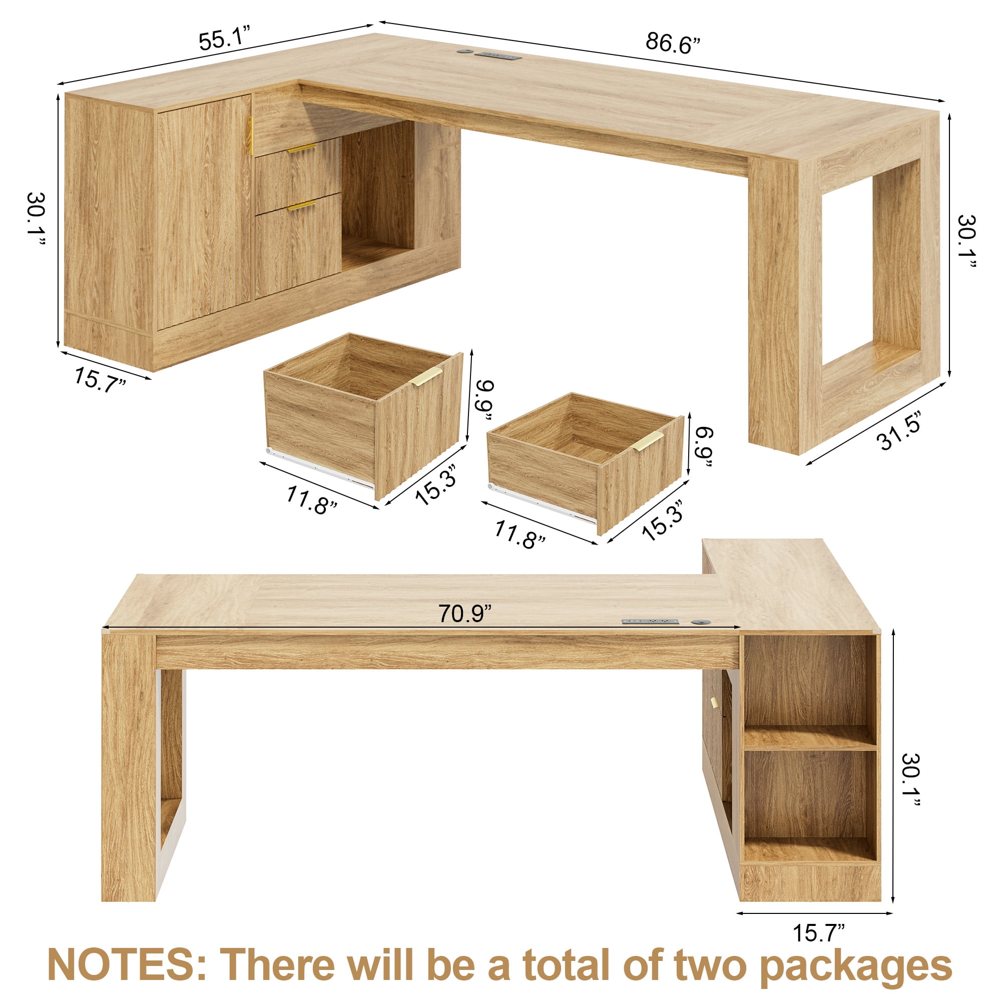 ANPOO 86" L-Shaped Executive Desk with Storage Drawers and File Cabinets, Large Office Desk with Power Outlets, Modern Computer Desk for Home Office/Study Room, Walnut