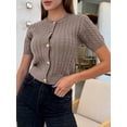 thumbnail image 4 of Women Short Sleeve Cardigan Cable Knit Cropped Button Down Crewneck Sweater Tops Mocha Color L, 4 of 9