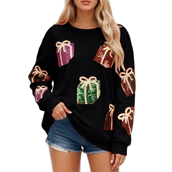 Womens Sweatshirts Christmas Sequin Sleeves Sequin Print Long Sleeve Sweater Clothes Black S