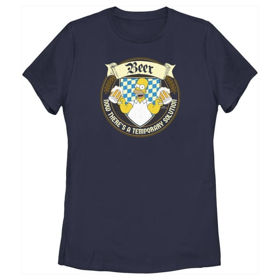 Women's The Simpsons Homer Beer Now There's a Temporary Solution Graphic Tee Navy Blue X Large