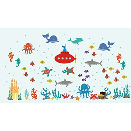 Sea Wall Decals Ocean Themed Decals Nursery Wall Decals Baby Room Under The Sea Marine Life Stickers Shark Turtle Submarine Baby