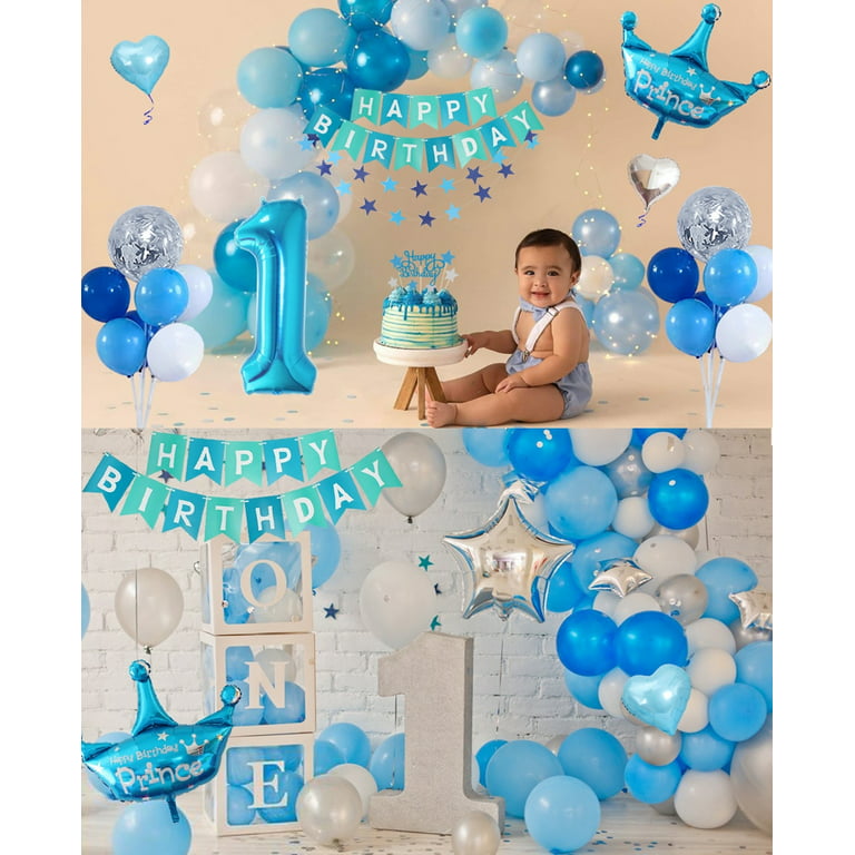 YANSION 1st Birthday Decorations, 1 Year Old Birthday Decoration, Happy  Birthday Balloon Set Blue Number 1 Balloon Confetti Latex Blue Silver Star