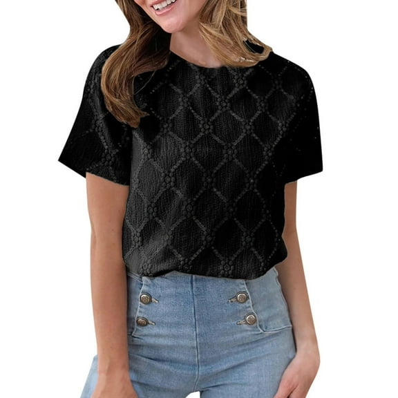 Summer Women's Round Neck Short Sleeve Embroidered Flower Jacquard T Shirt