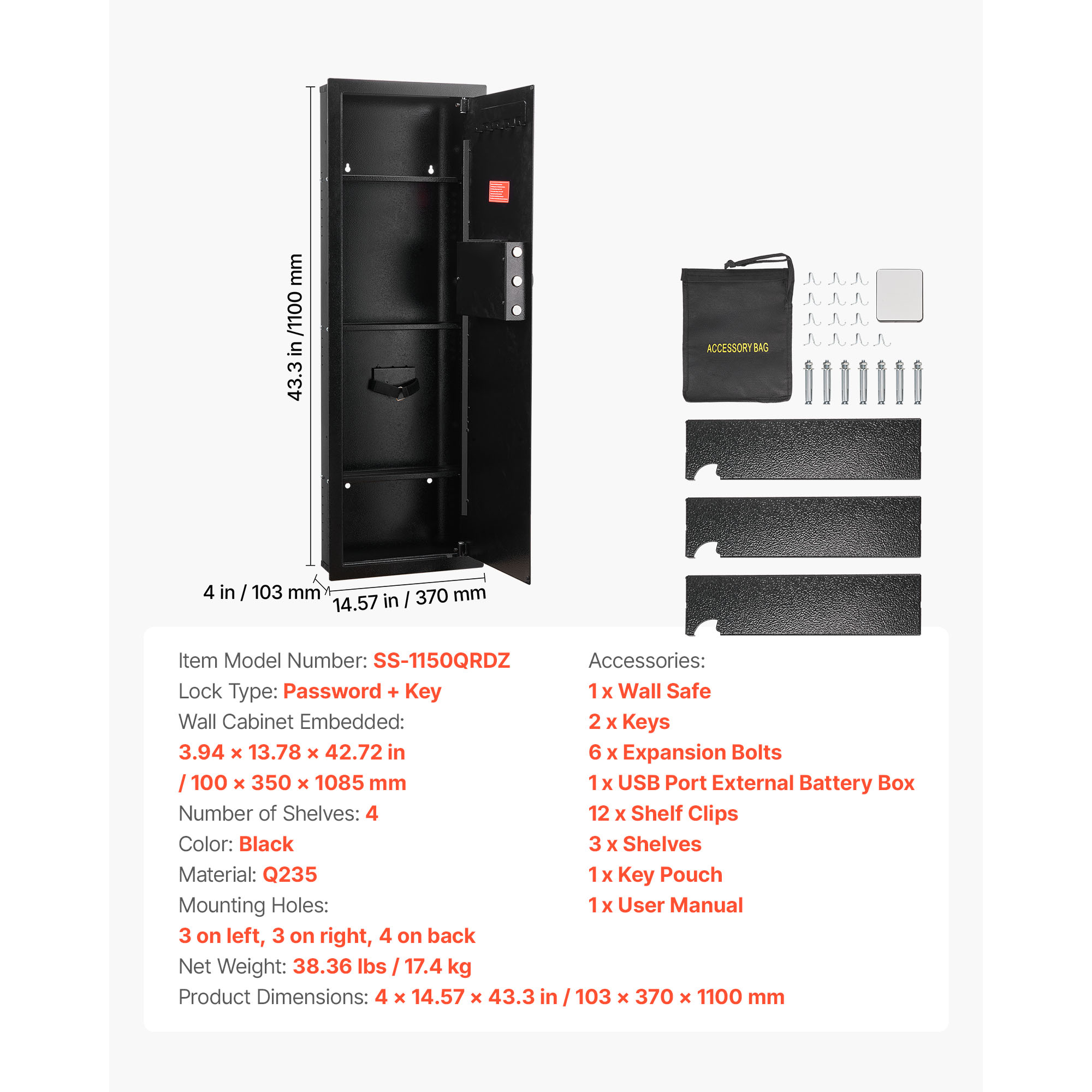 KFFKFF Wall-Mounted Safe with Password & Key, 4-Tier Hidden Design, Q235 Cold-Rolled Steel Construction, LED Lighting, Adjustable Shelves & Key Holders for Valuables, Black