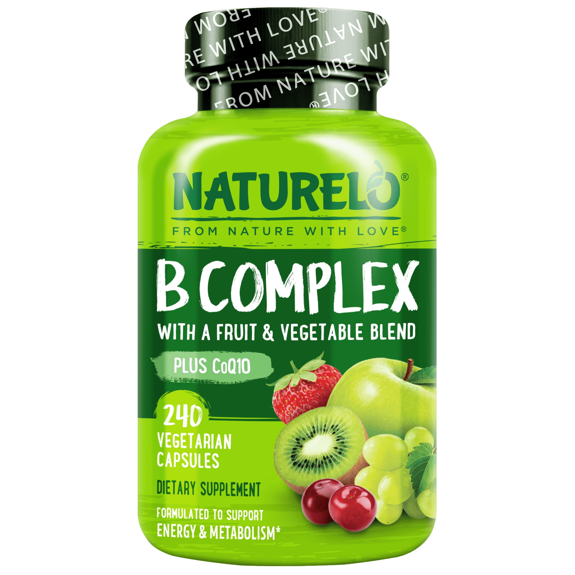 NATURELO Vitamin B Complex with Methyl B12, Methyl Folate, Vitamin B6, Biotin Plus Choline, CoQ10, and Fruit & Vegetable Blend - Supports Energy & Healthy Stress Response - Vegan - 240 Capsules