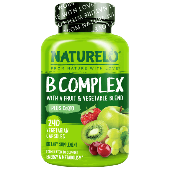 NATURELO Vitamin B Complex with Methyl B12, Methyl Folate, Vitamin B6, Biotin Plus Choline, CoQ10, and Fruit & Vegetable Blend - Supports Energy & Healthy Stress Response - Vegan - 240 Capsules