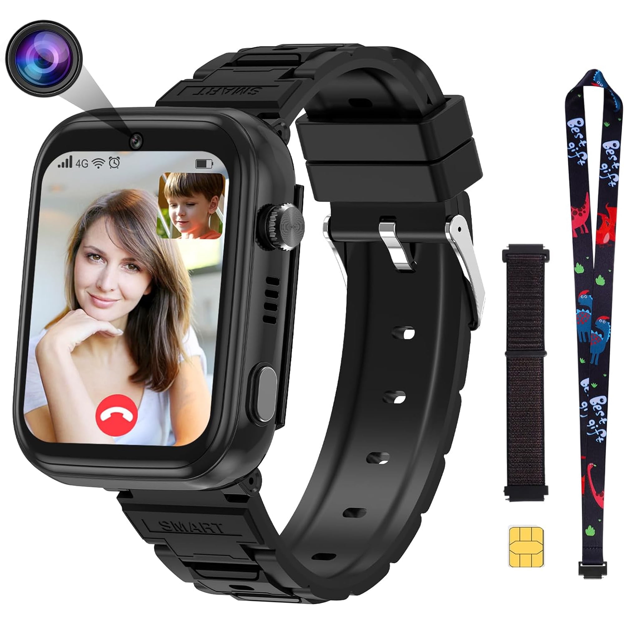 TOPCHANCES 4G Kids Smart Watch, Kids Cell Phone Watch with GPS Tracker, 2-way Calling, SMS, Voice, Video, Face Unlock Function, Touch Screen Smart Watch for Boys Girls 3-15 (Black)