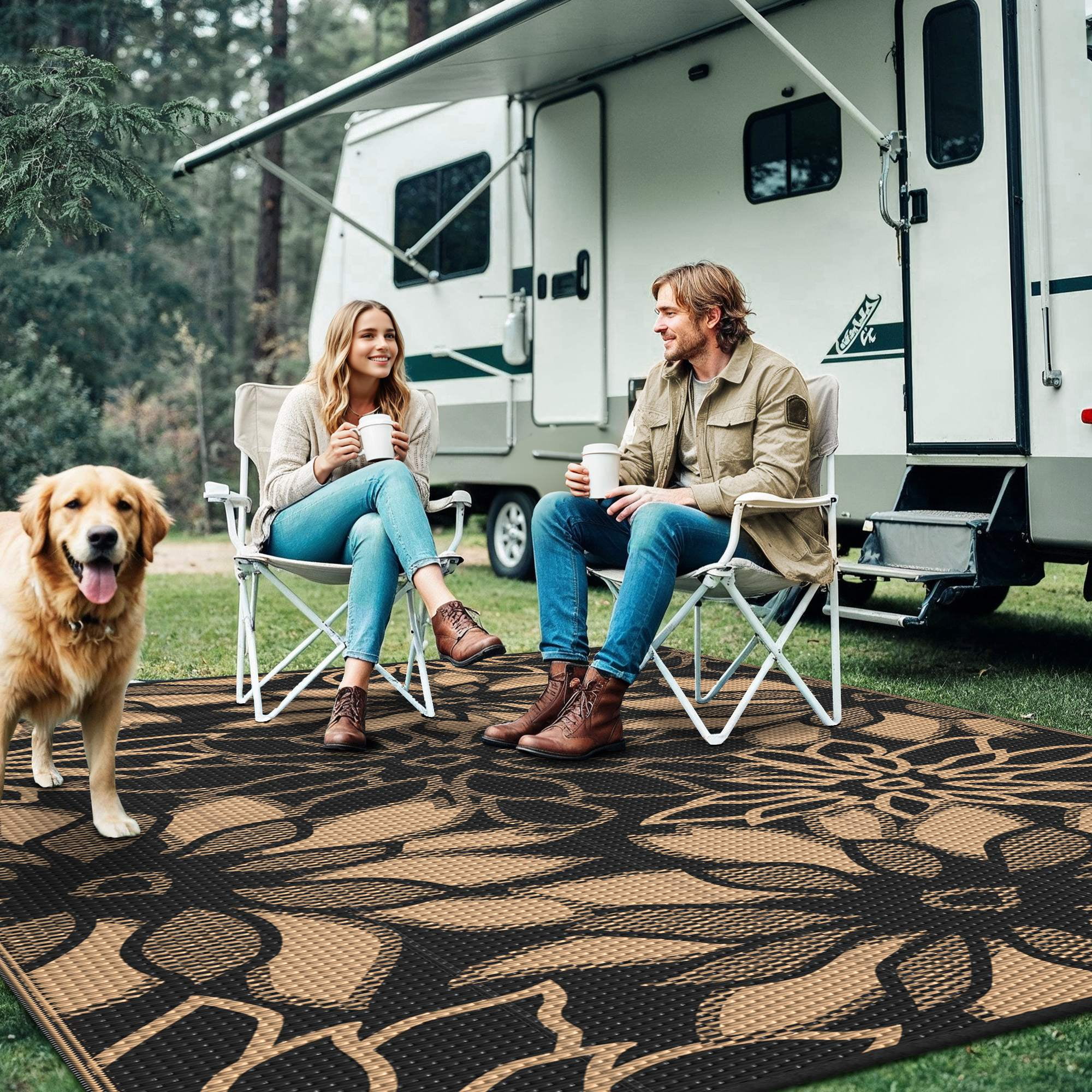 KUETH 6'x9' Outdoor Rug Waterproof Plastic Reversible Floral Patio Camping Outside Carpet,Black Brown