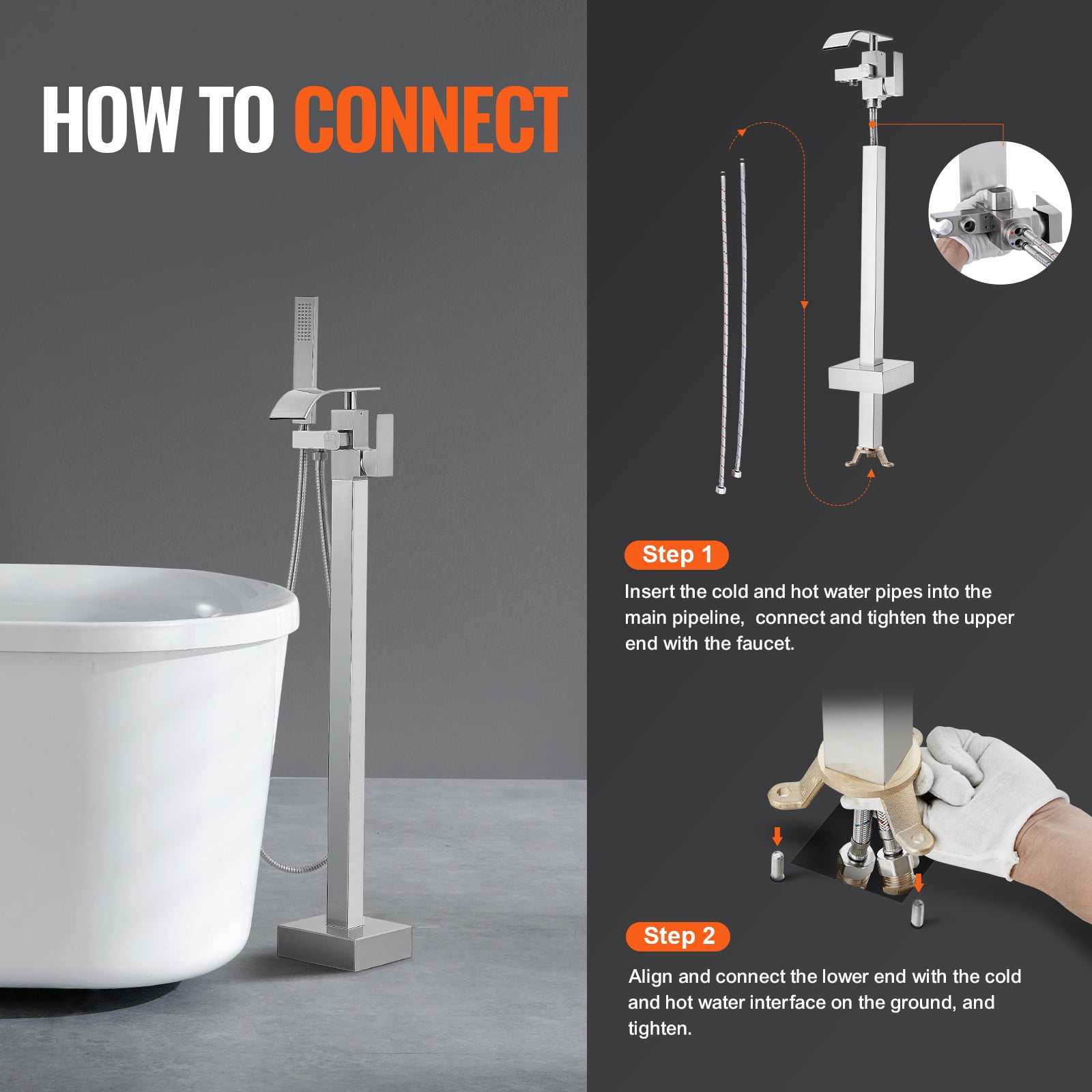 KFFKFF 360?? Freestanding Bathtub Two Water Modes Faucet Floor Standing
