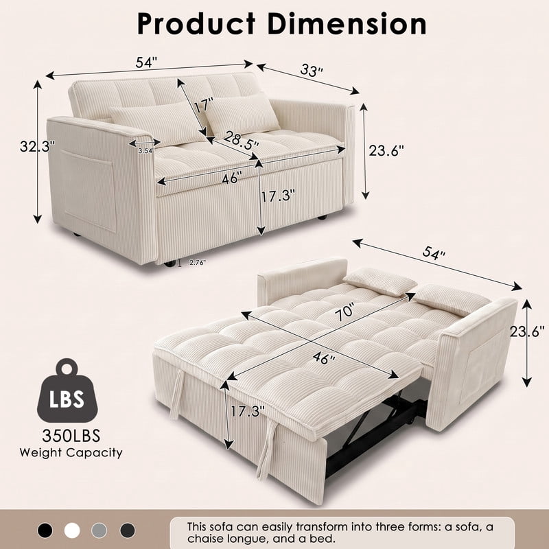 Anpport 54" 3‑in‑1 Convertible Sleeper Sofa Bed, Corduroy Pull‑Out Couch with Adjustable Backrest, Side Pockets & 2 Pillows for Small Spaces, Beige