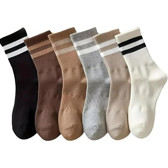 Jtbuh XLY Women's Athletic Crew Socks, Striped Pattern, 6 Pairs, Neutral Colors
