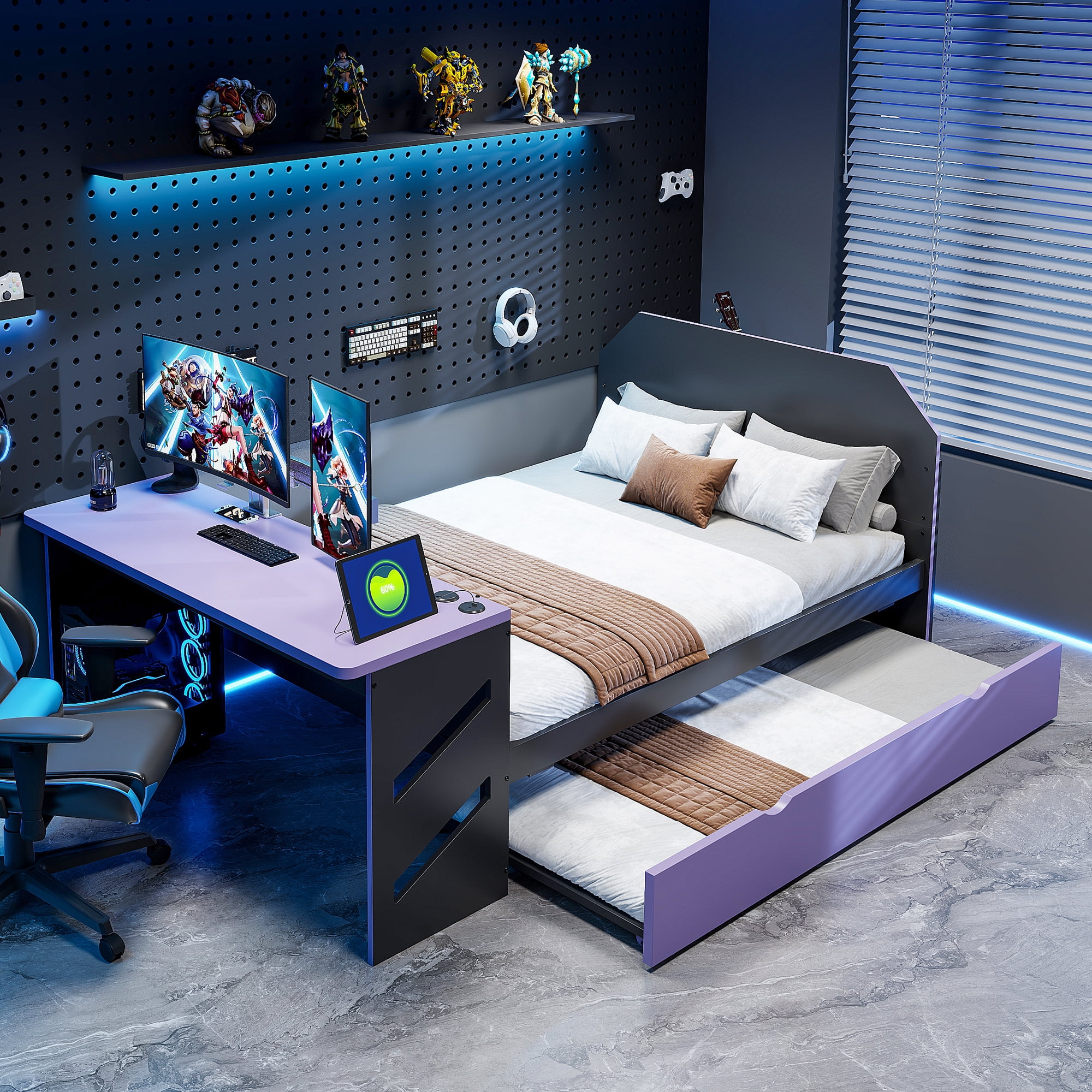 Mintazer Full Size Gaming Daybed with Pull-Out Twin Size Trundle & Desk, Platform Bed Frame with USB for Bedroom Dorm, Black & Purple