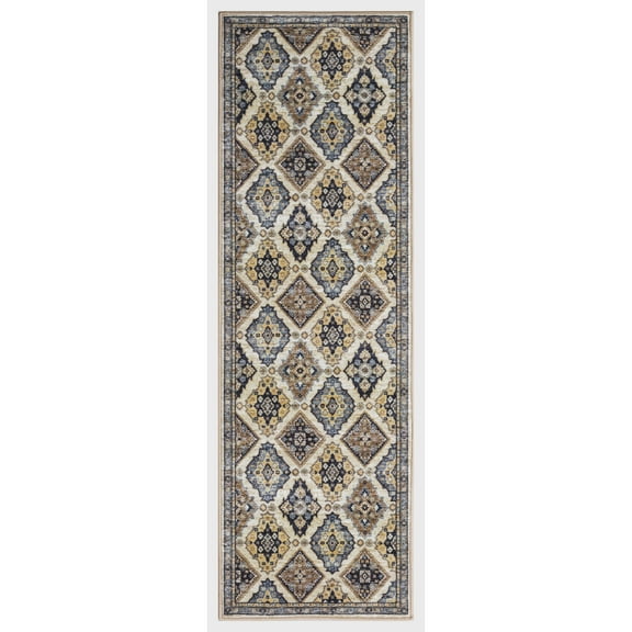 Panels Ivory 3 ft. x 9 ft. Machine Washable Traditional Indoor Area Rug