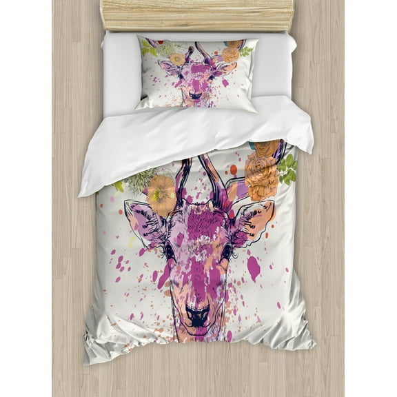 Indie Twin Size Duvet Cover Set, Artistic Colorful Deer Portrait with Color Splashes and Various Flowers on the Horns, Decorative 2 Piece Bedding Set with 1 Pillow Sham, Multicolor, by Ambesonne