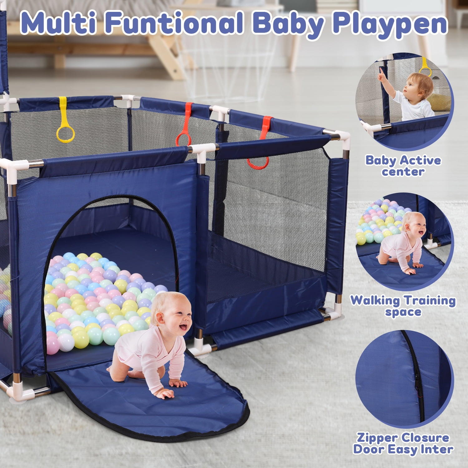 JoyStone 50 x 50 Baby Playpen with 30 Ocean Balls, Soft Mesh Sides, Basketball Hoop & Pull Rings, Indoor Baby Fence for Toddlers, Blue