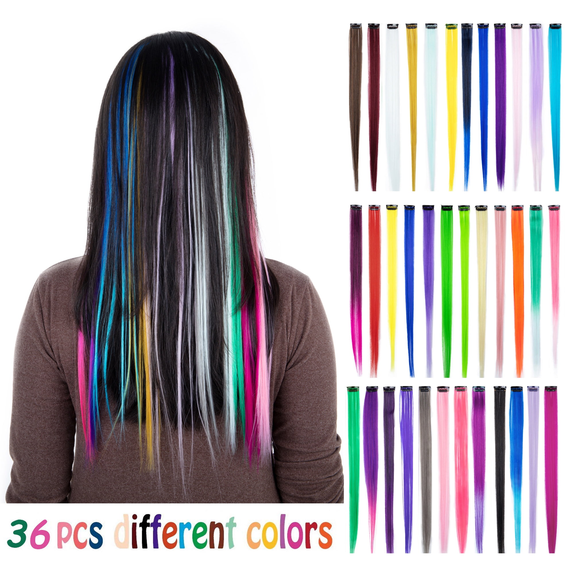 Colored Clip in Hair Extensions 22 inch Rainbow Heat-Resistant Straight  Highlight Hairpieces Cosplay Dress Up Fashion Party Gift For Kids Girls 36  Multi-Colors in 36 Pack 