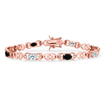 Gem Stone King 18K Rose Gold Plated Silver Sky Blue Aquamarine and Black Onyx and Lab Grown Diamond Bracelet for Women | 3.61 Cttw | Gemstone March Birthstone | Oval 6X4MM | Length 7.25 inches