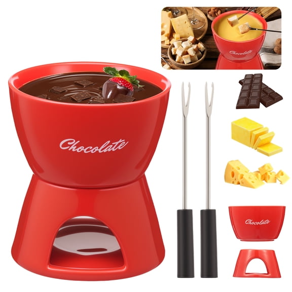 Ceramic Chocolate Fondue Set with 2 Fork Butter Warmer Fondue Pot Dishwasher Safe Ceramic Butter Warmer Fondue Mug for Chocolate Cheese Caramel Cream,Red