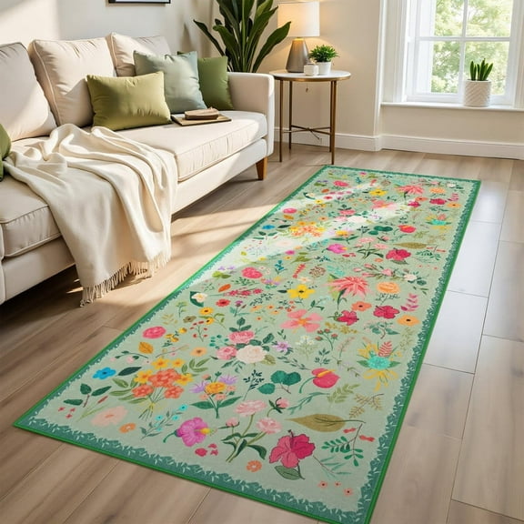 GUUCHA 2'x6'Area Rugs for Living Room Floral Print Rug Floor Carpet for Bedroom,Green