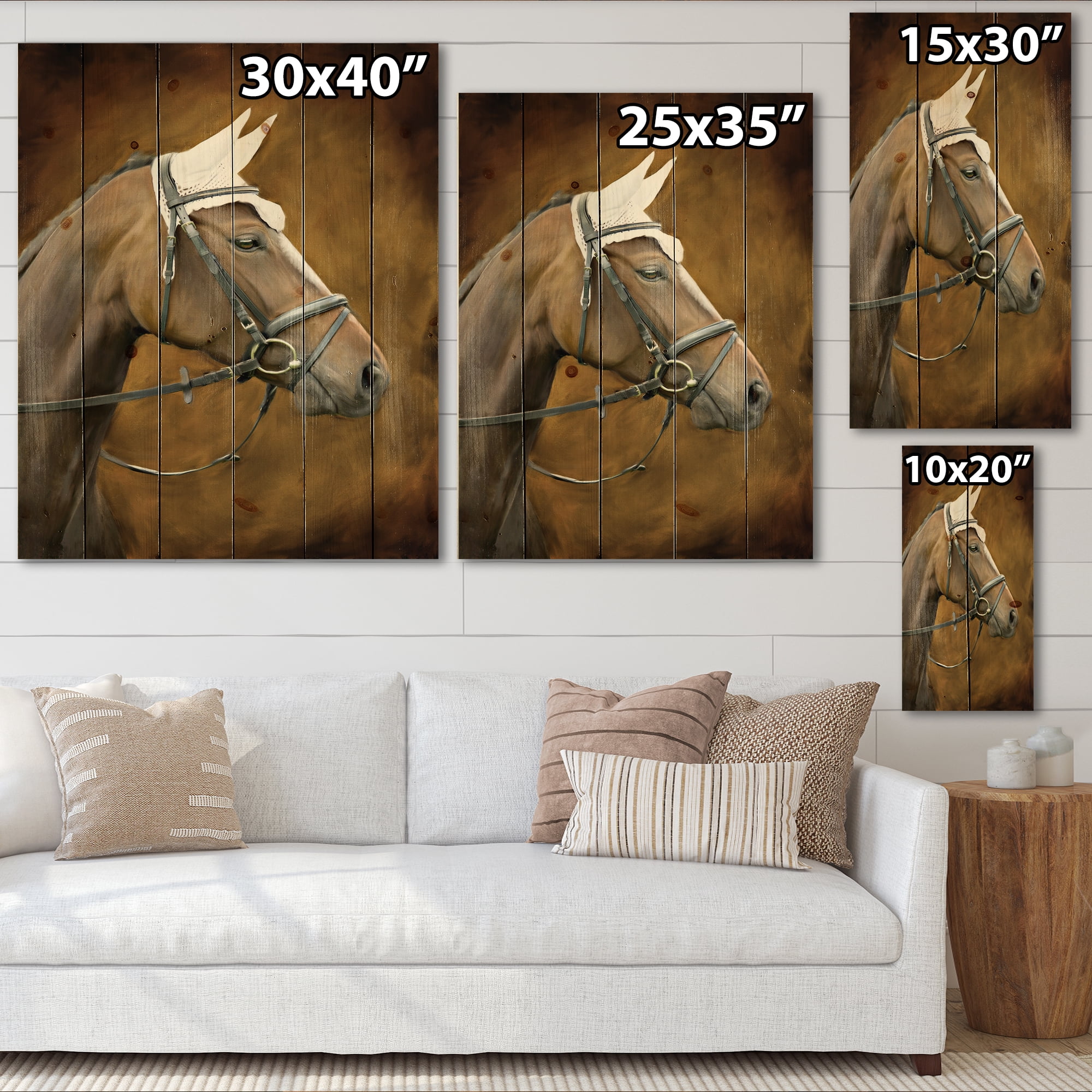 Designart 'Close Up Portrait Of Brown Horse With White Ears' Farmhouse Print on Natural Pine Wood