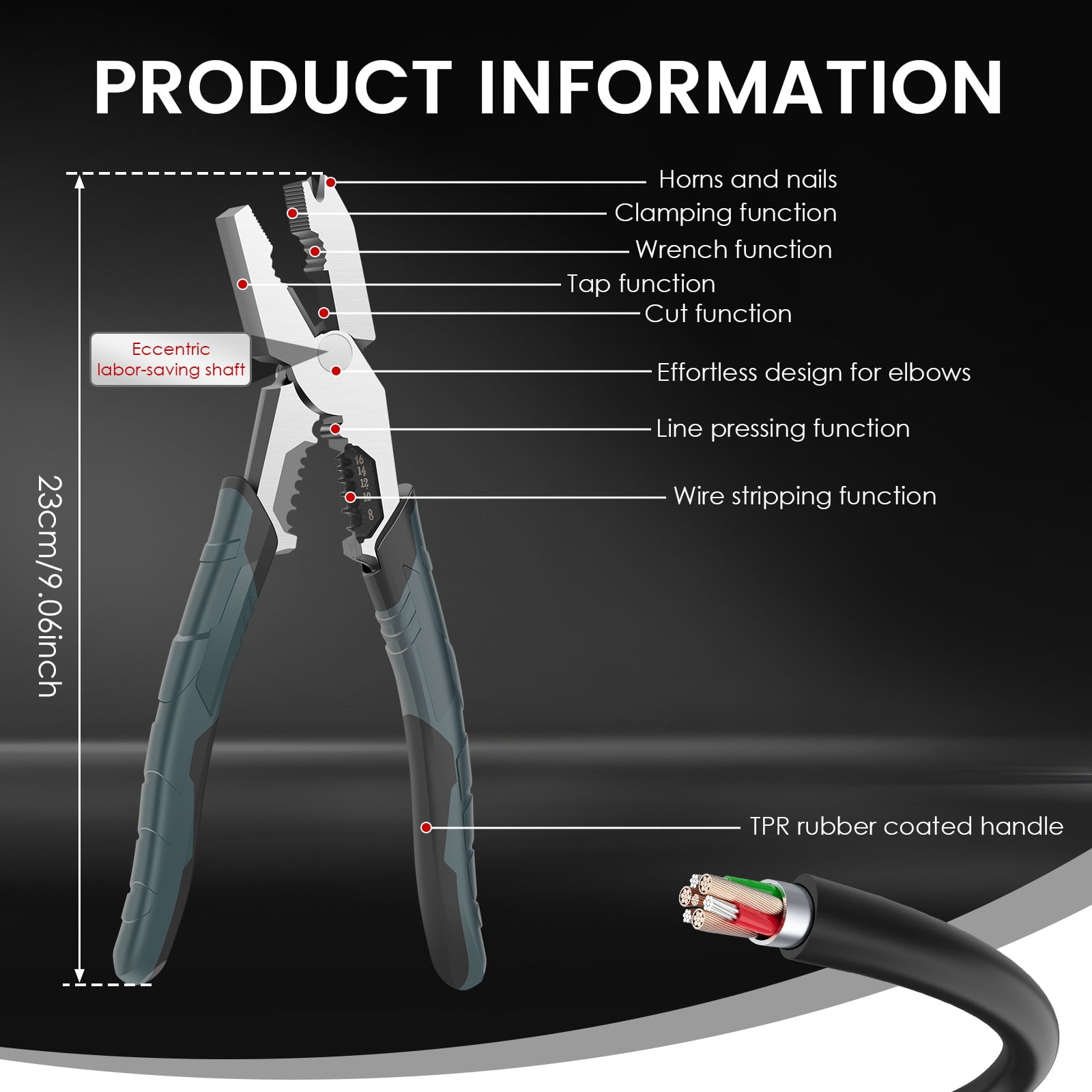 9-in-1 Multi-Function Cutting Pliers Industrial-Grade Wire Cutter Crimper with Offset Head and Leverage Design Cutting Tool for Home Nail Puller Stripper