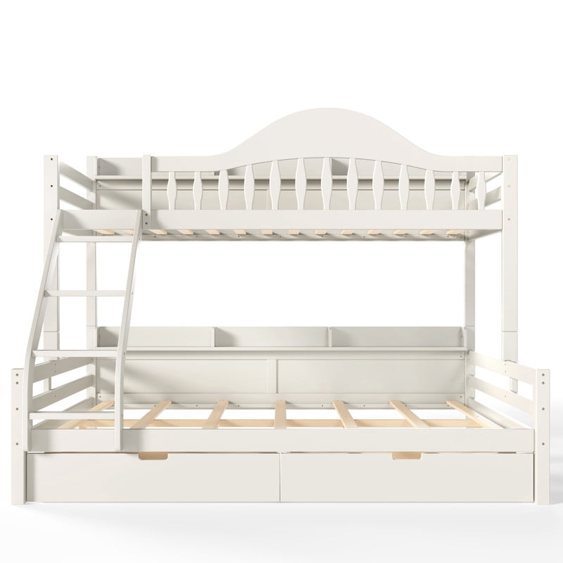 Twin XL Over Queen Bunk Bed with Storage Drawers, Solid Wood Bunk Bed Frame with Curved Guardrails, Side Storage Shelves and Ladder, No Box Spring Needed
