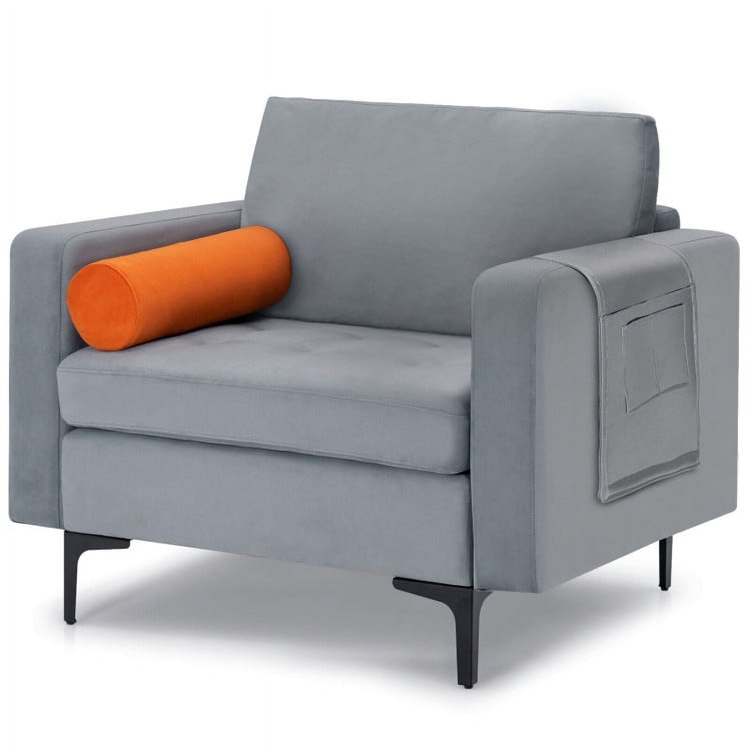 Finihen Upholstered Accent Sofa Chair, Modern Single Sofa with Cushion Bolster and Side Storage Pocket, for Living Room, Bedroom, Light Gray