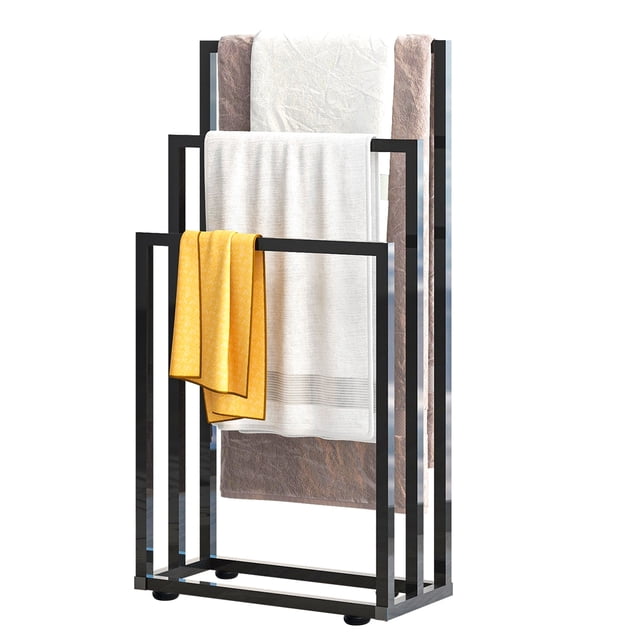 Support à Serviettes Autoportant à 3 Niveaux avec Base Lestée, Support en Métal Résistant à la Rouille pour Salle de Bain et Chambre, Rangement de Séchage pour Couvertures Gain de Place, Noir