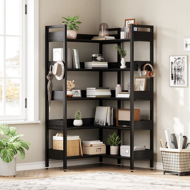 GloryStar 5-Tier Corner Bookshelf, Convertible L-Shaped Bookcase with Industrial Metal Frame, Multi-Functional Storage Shelf for Living Room, Home Office, Study