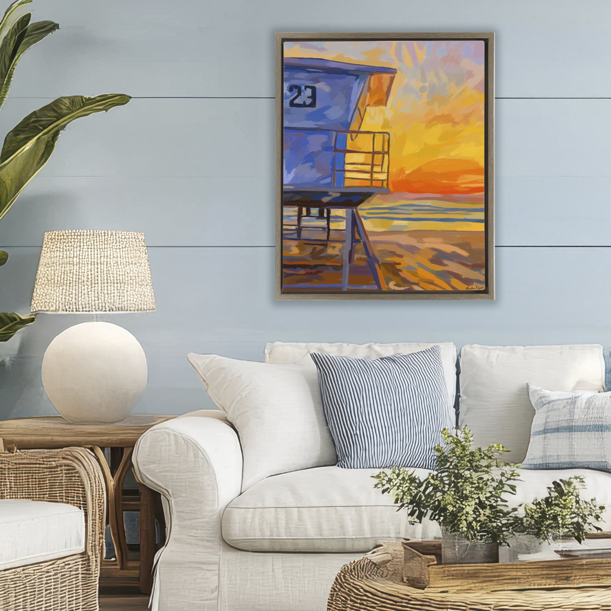 Stupell Industries Lifeguard Stand Sunset Brown Framed Floater Canvas Wall Art, design by Amelia Noyes