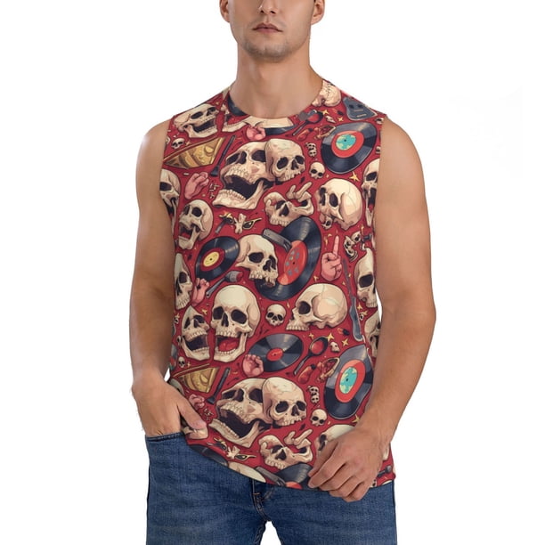 Fotbe Skull record Guitar music Men's Camiseta sin Mangas Estampada para Hombres, Playera Casual para Gimnasio, Entrenamiento, Playa-XX-Large