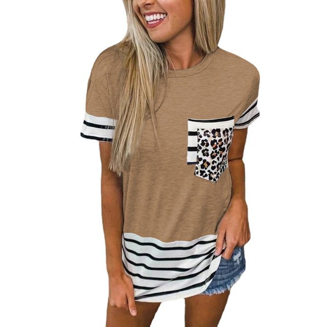 Nouveau T-Shirt Décontracté pour Femmes Manches Courtes Hauts Imprimé Rayé Patchwork Col Rond Tee Grande Taille Poches Blouse Ample