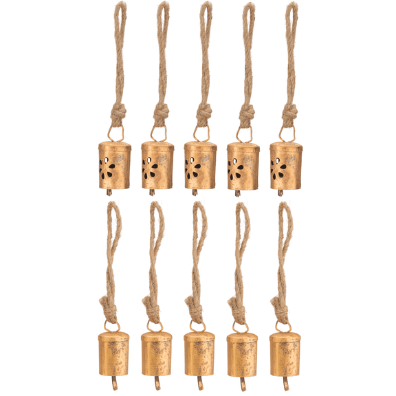 Vivanta 10-Pack Handcrafted Gold Tin Bells – 6cm Rustic Cylinder Bells for Vintage Decor Christmas, Easter & Crafting