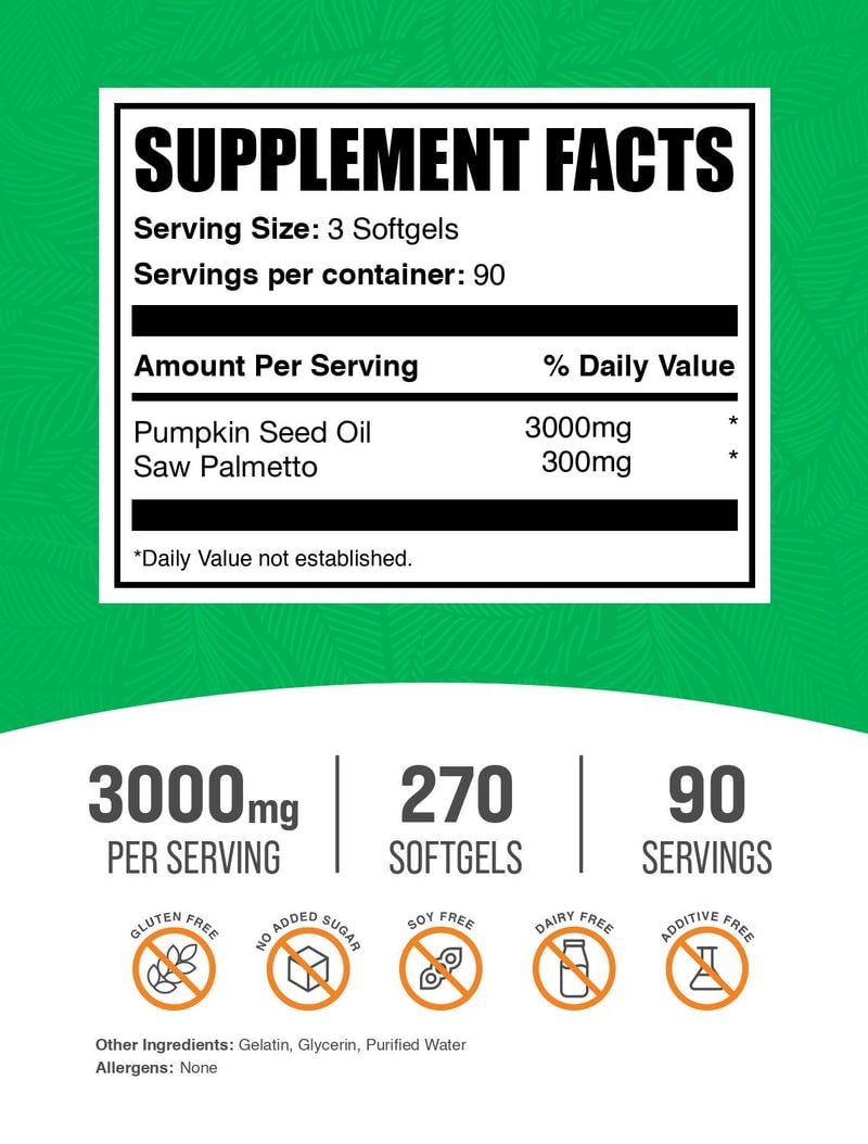 BulkSupplements Pumpkin Seed Oil with Saw Palmetto Softgels - Hair Growth Supplement, Herbal Supplement, 3 Softgels per Serving (3000mg), 270 Count