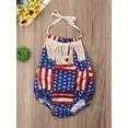 thumbnail image 2 of BemeyourBBs Newborn Baby Girl 4th of July Outfit Summer Tassel Romper Patriotic Independent Day Clothes Sleeveless Strap Halter American Flag Print Backless Bodysuit Playsuit Fourth of July Outfits, 2 of 7