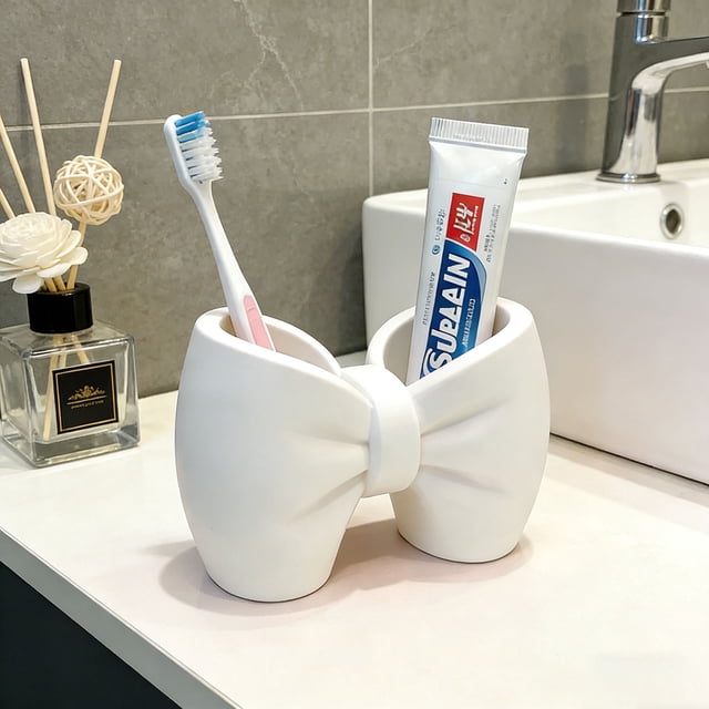 Organizador de caja de almacenamiento con cepillo de dientes en forma de lazo - Soporte de encimera de plástico de doble compartimento • Organizador de escritorio de oficina con tocador de baño •